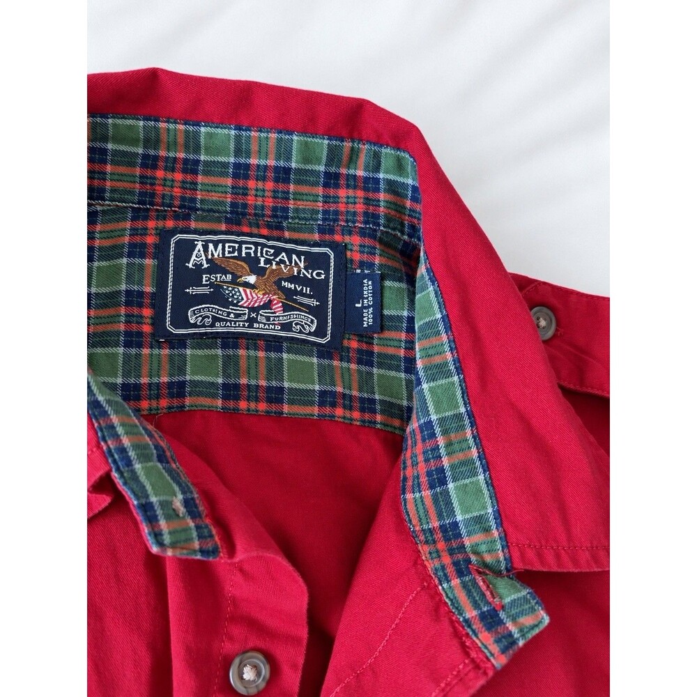 American Living Men’s L Red Button Front Shirt Plaid Collar 100% Cotton